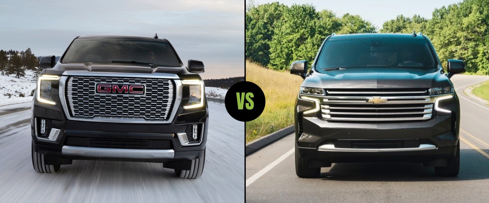 Exterior comparison of the New 2022 GMC Yukon on the left next to the 2022 Chevy Tahoe on the right