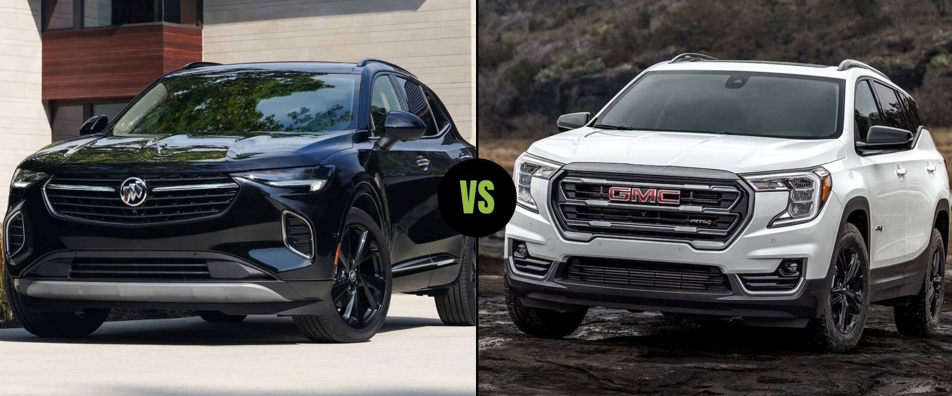 Exterior comparison of the New 2022 Buick Envision on the left next to the 2022 GMC Terrain on the right