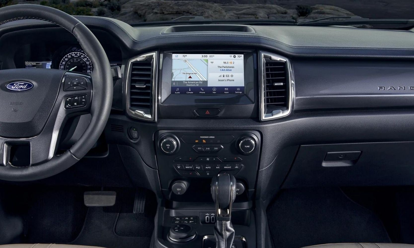 Front interior dashboard and instrument cluster inside the 2022 Ford Ranger truck