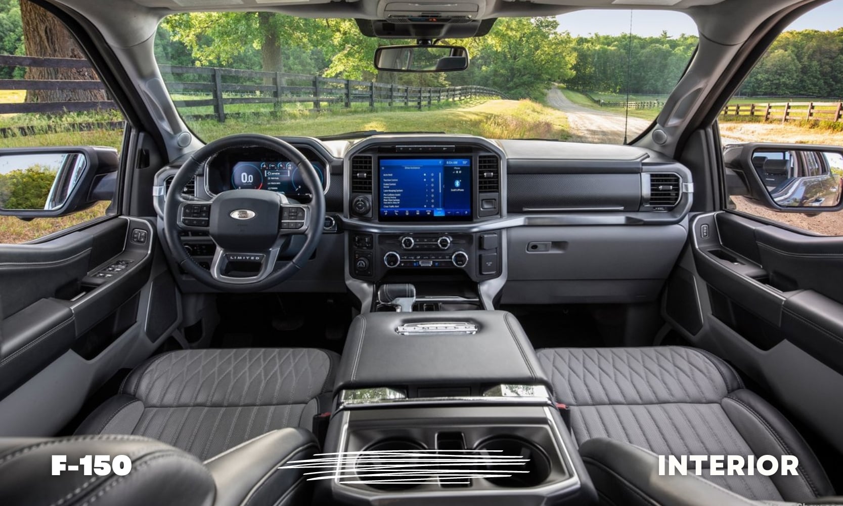 image of the interior front cabin inside a used 2021 Ford F-150 Limited truck from the passenger point of view in the back seat