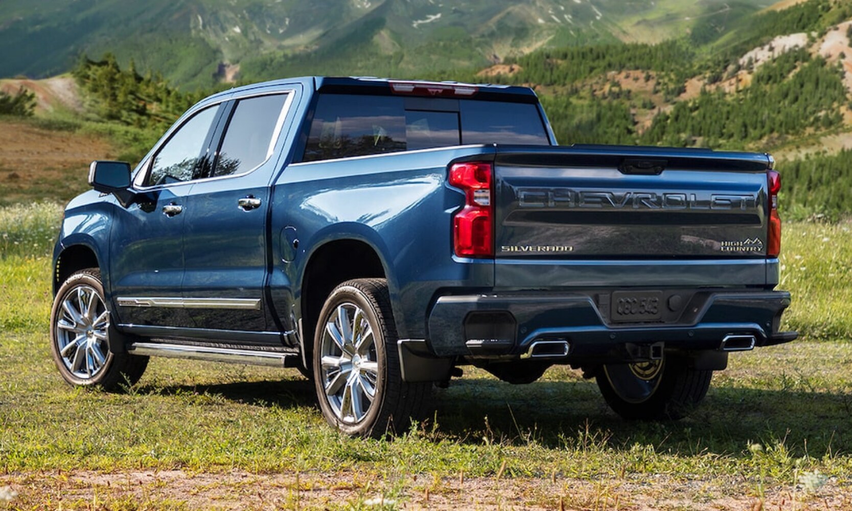 Rear exterior driver side view of the New 2022 Chevy Silverado 1500 truck in blue exterior color