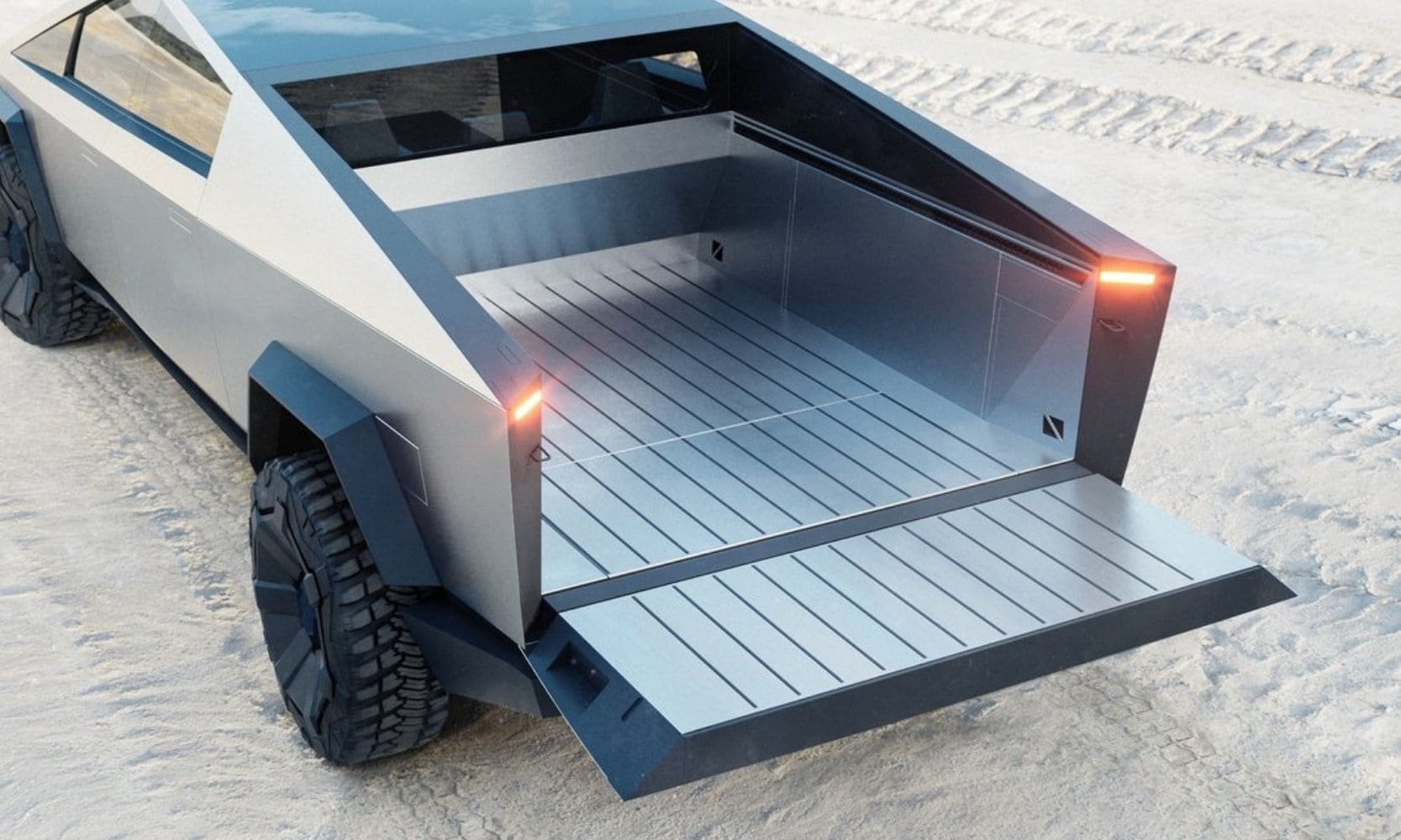 Truck bed of the Tesla Cybertruck that extends into a ramp