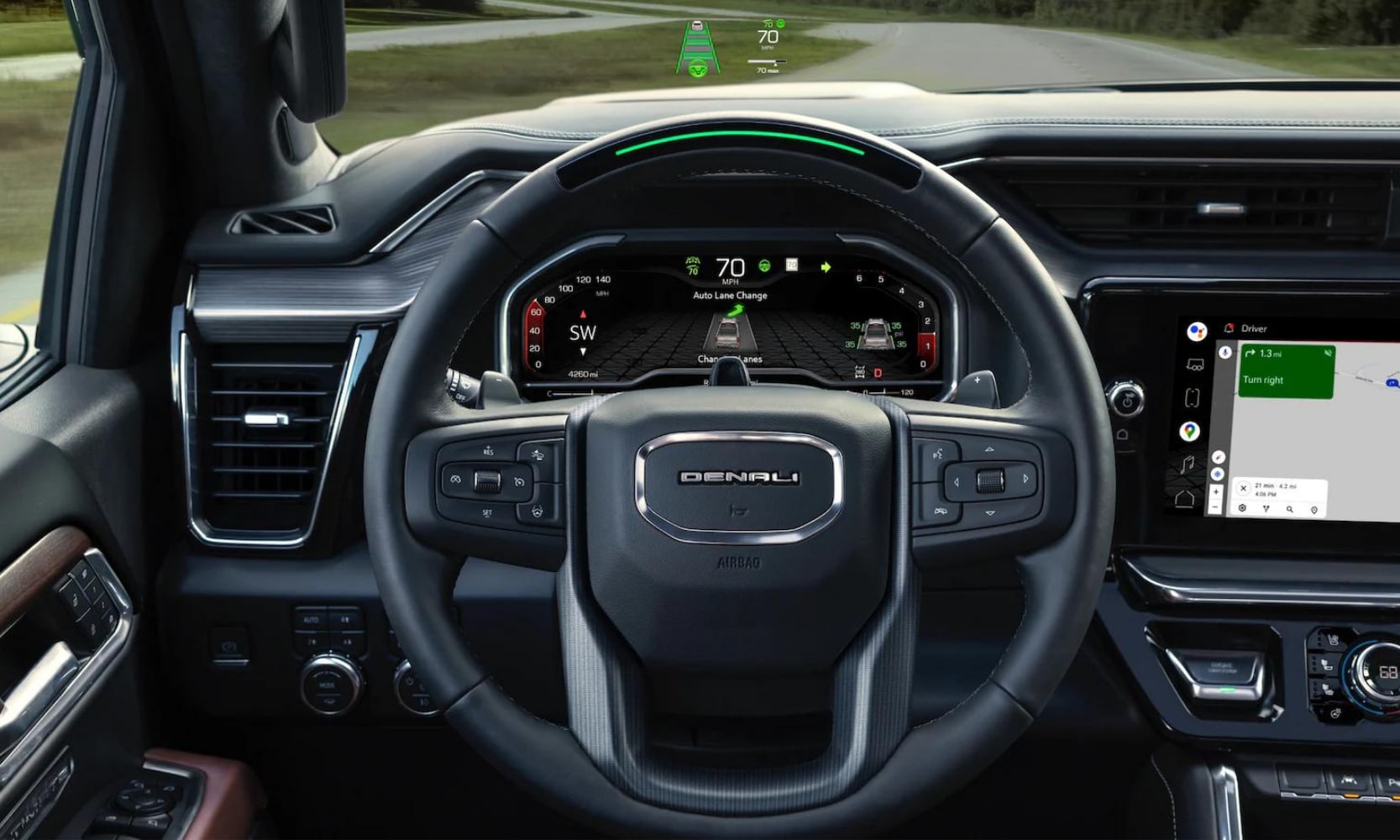 Close up look at the heads up display and auto lane change system inside the new 2022 GMC Sierra 1500 Denali truck
