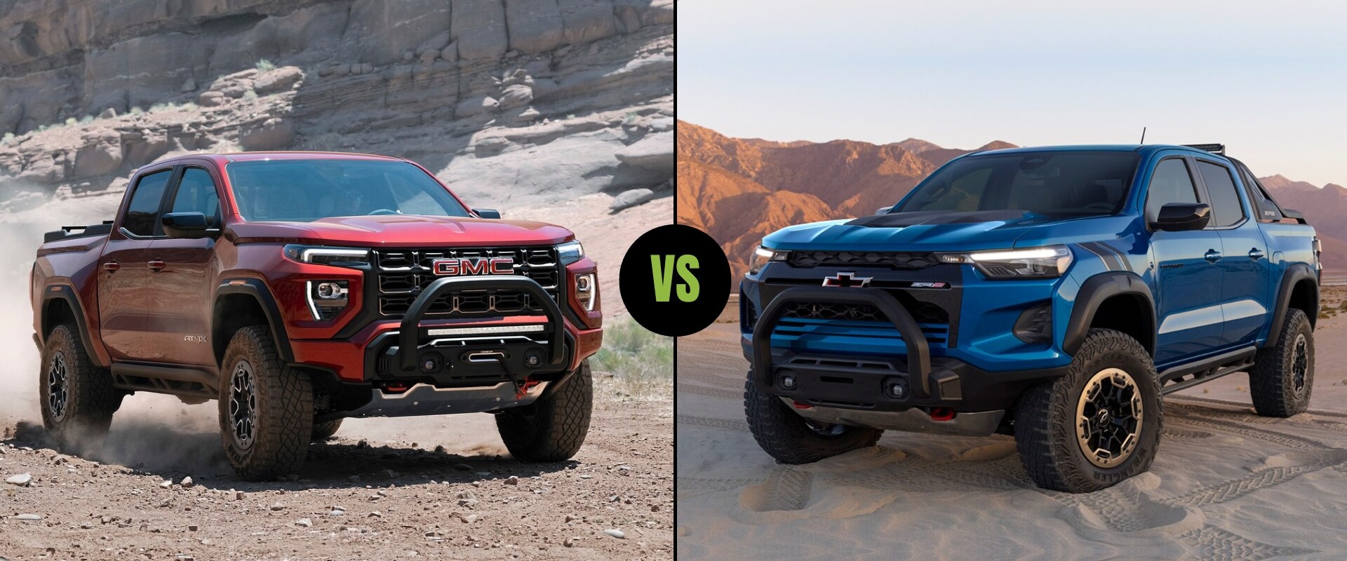 Exterior truck comparison of the All-New Next Generation 2023 GMC Canyon AT4X truck on the left next to the 2023 Chevy Colorado ZR2 truck on the right