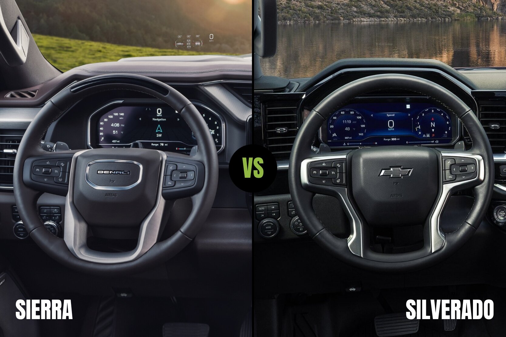Comparison image of the 2024 GMC Sierra vs. Chevy Silverado 1500 Interior Design