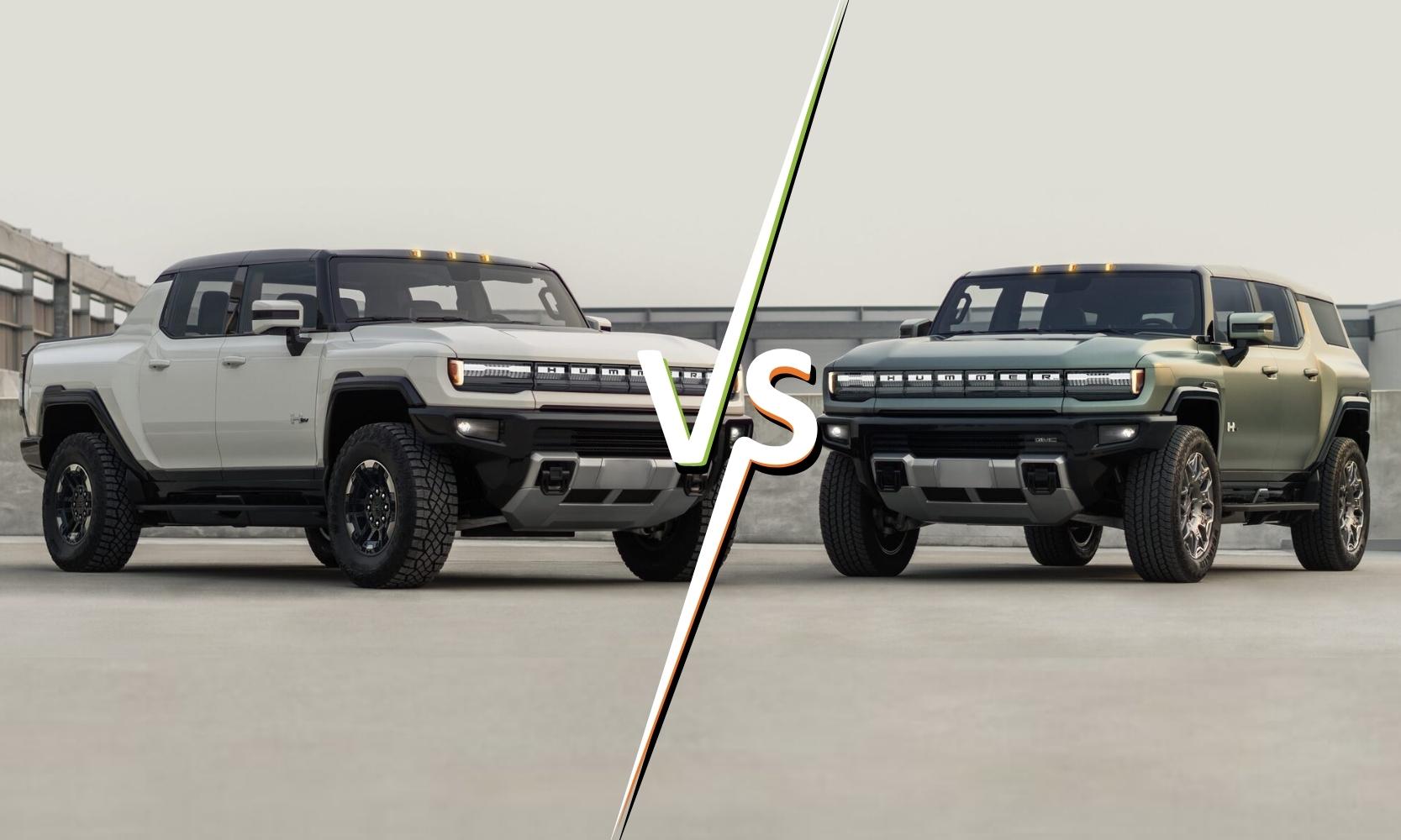 Side by side comparison of a green 2024 GMC Hummer SUV on the right and a white 2022 GMC Hummer pickup truck on the left