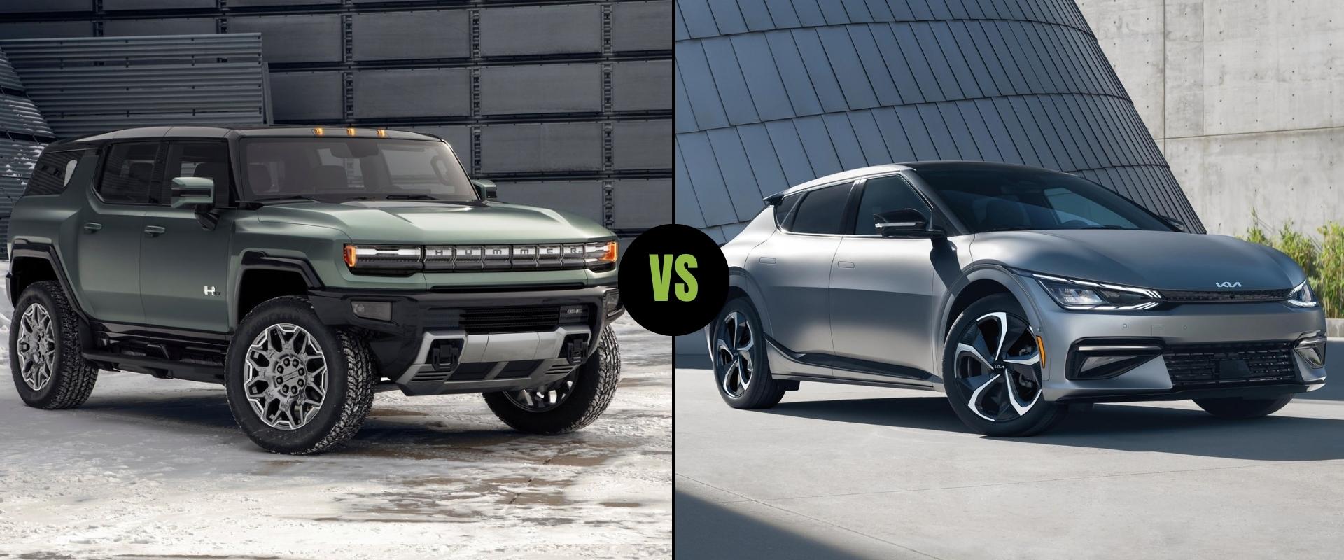 Exterior SUV comparison of the all-electric 2024 GMC Hummer EV SUV on the left next to the 2023 Kia EV6 on the right