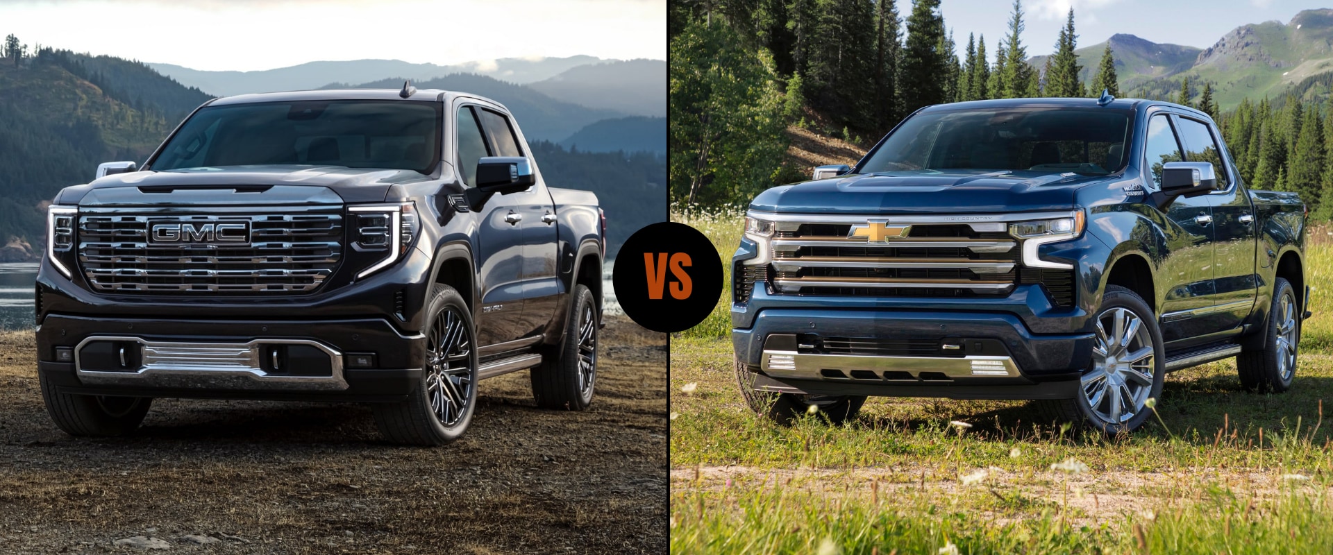 Exterior comparison of the New 2022 GMC Sierra 1500 next to the 2022 Chevrolet Silverado 1500 truck