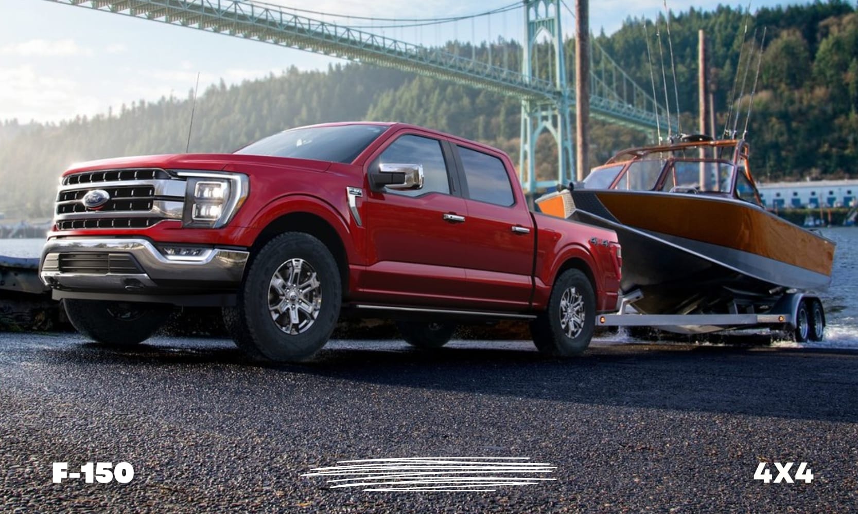a red used Ford F-150 4x4 truck towing a boat out of the off-ramp loading dock at a river bank