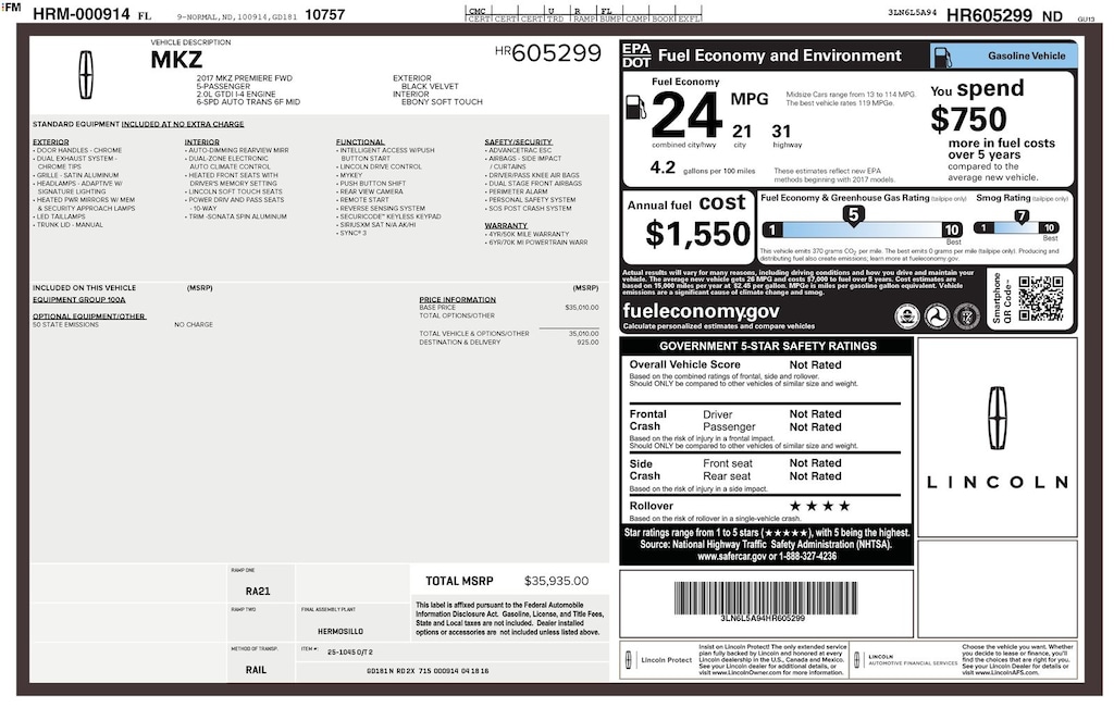 Used 2017 Lincoln MKZ Premiere Sedan