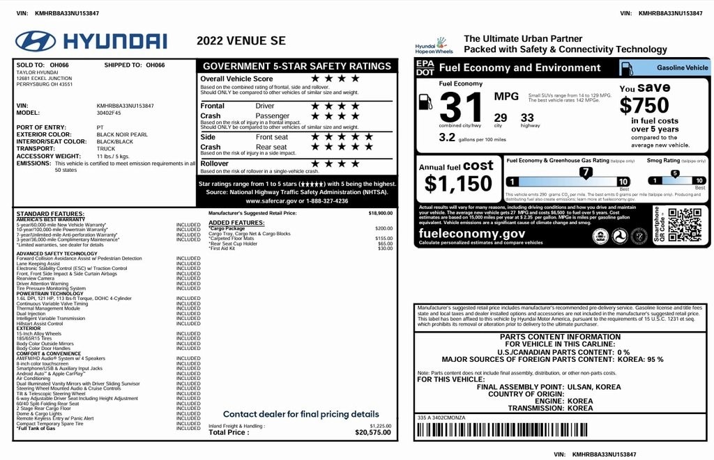 Used 2022 Hyundai Venue SE SUV
