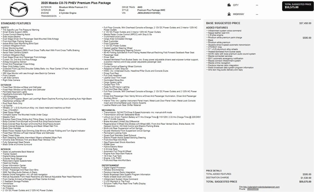 Certified 2025 Mazda CX-70 Phev Premium Plus SUV