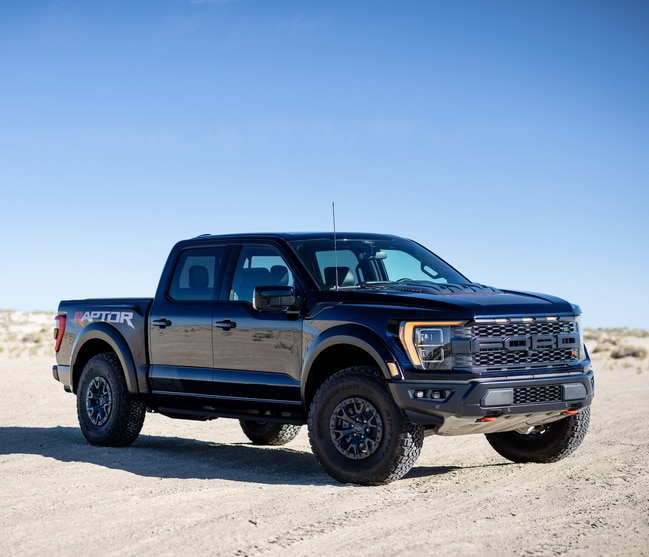 black Ford F-150 Raptor truck parked on the sand with a bright blue sky