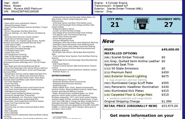 Used 2025 Nissan Murano Platinum with VIN 5N1AZ3DT4SC100339 for sale in Skokie, IL