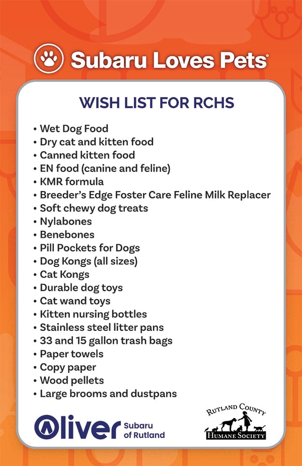 RCHS Wish List - Subaru Loves Pets donation items including pet food, toys, and supplies