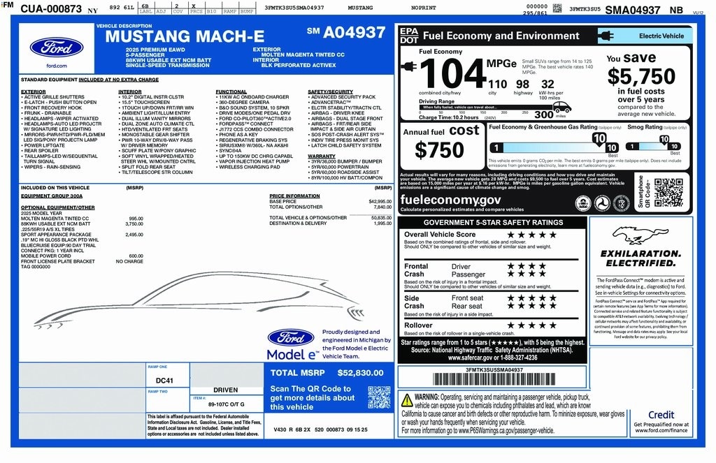 Used 2025 Ford Mustang Mach-E Premium AWD with VIN 3FMTK3SU5SMA04937 for sale in Medina, NY