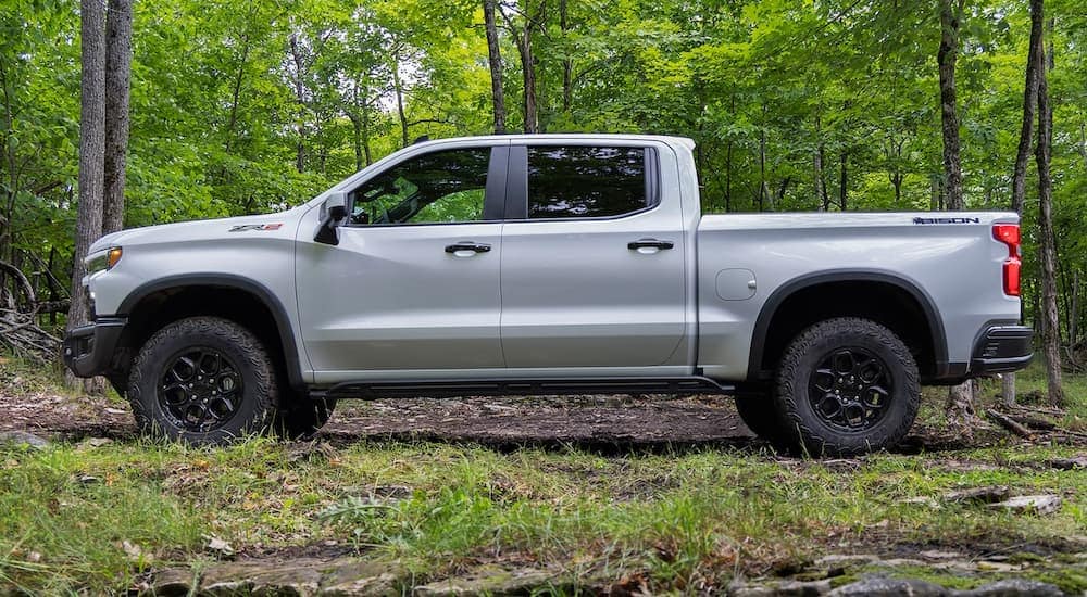 A grey 2023 Chevy Silverado 1500 ZR2 Bison is shown from the side after viewing Chevy Silverado 1500s for sale.
