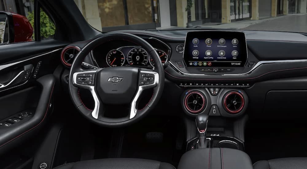 2024%20Chevy%20Blazer%20-%20black%20interior.jpg The black interior and dash in a 2024 Chevy Blazer RS is shown