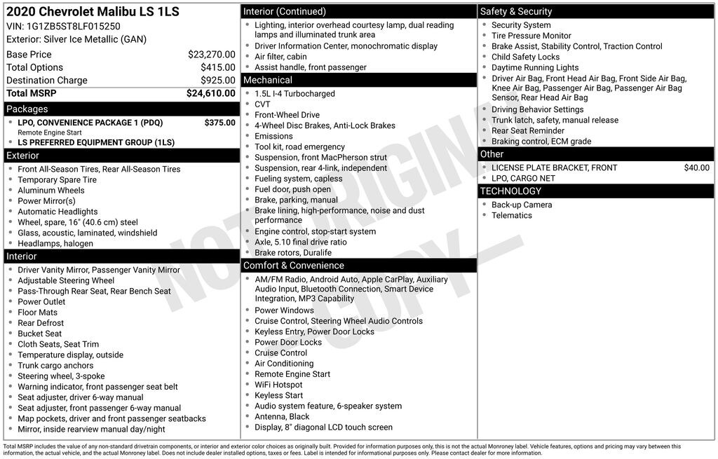 Used 2020 Chevrolet Malibu LS w/1LS Sedan