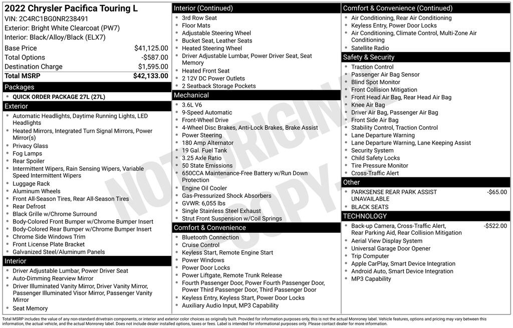 Used 2022 Chrysler Pacifica Touring L Van Passenger Van