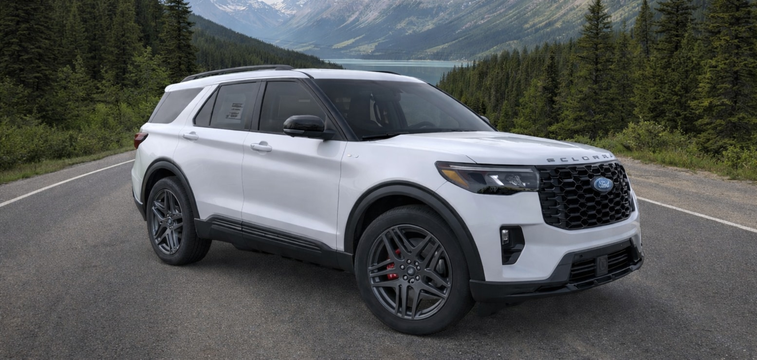 White 2026 Ford Explorer in mountain landscape