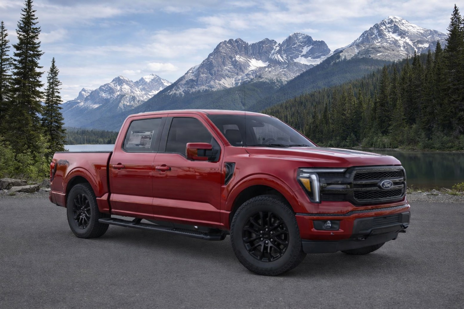 Red 2026 Ford F-150 by mountain lake