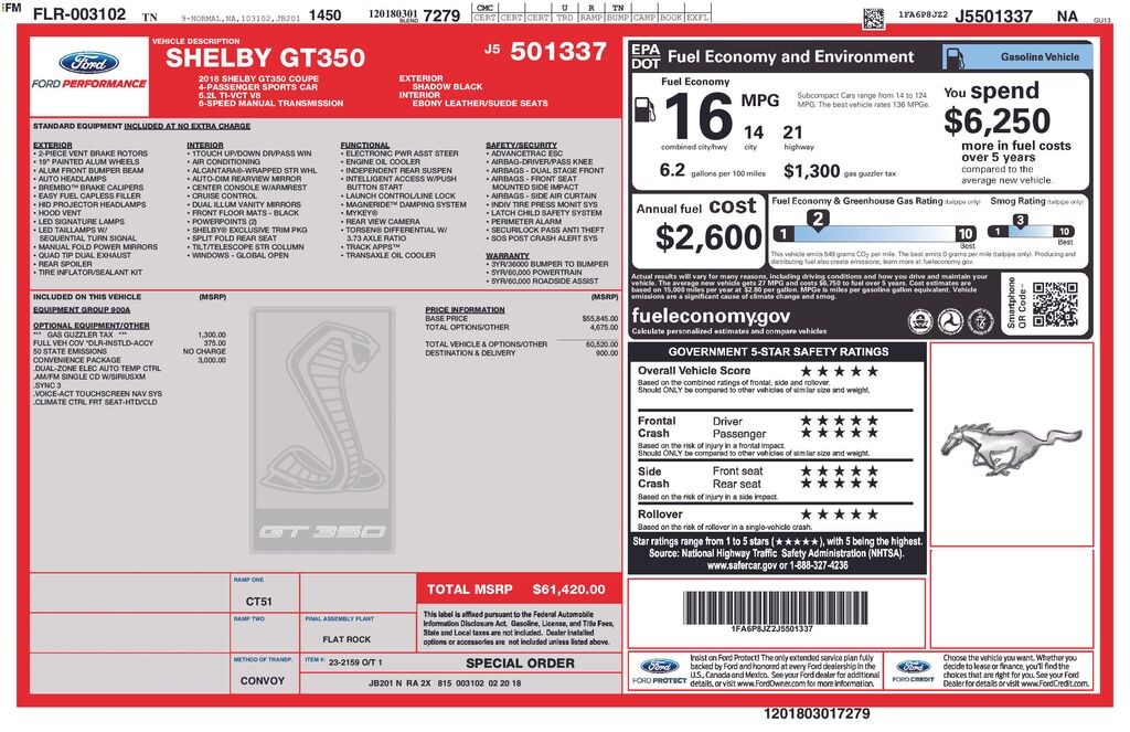 Used 2018 Ford Mustang Shelby GT350 Coupe