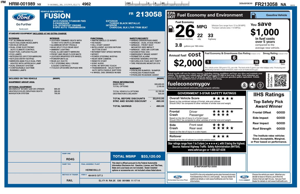 Used 2015 Ford Fusion Titanium with VIN 3FA6P0K99FR213058 for sale in Philadelphia, PA