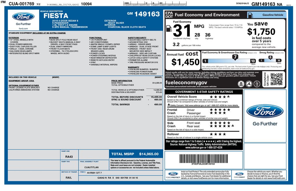 Used 2016 Ford Fiesta S with VIN 3FADP4AJ2GM149163 for sale in Philadelphia, PA