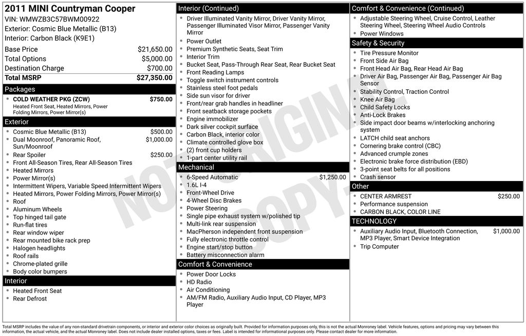 Used 2011 MINI Countryman Countryman with VIN WMWZB3C57BWM00922 for sale in Philadelphia, PA