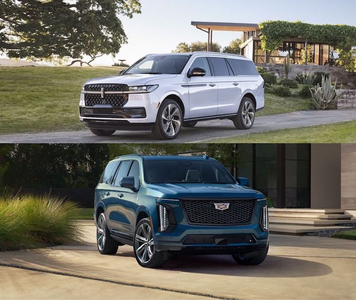 A Lincoln Navigator compared next to a Cadillac Escalade.