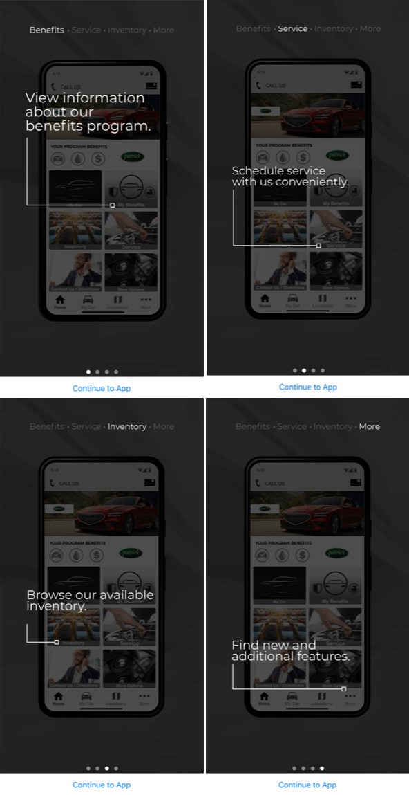 Patrick Promise App Screens Benefits - Service - Inventory - More