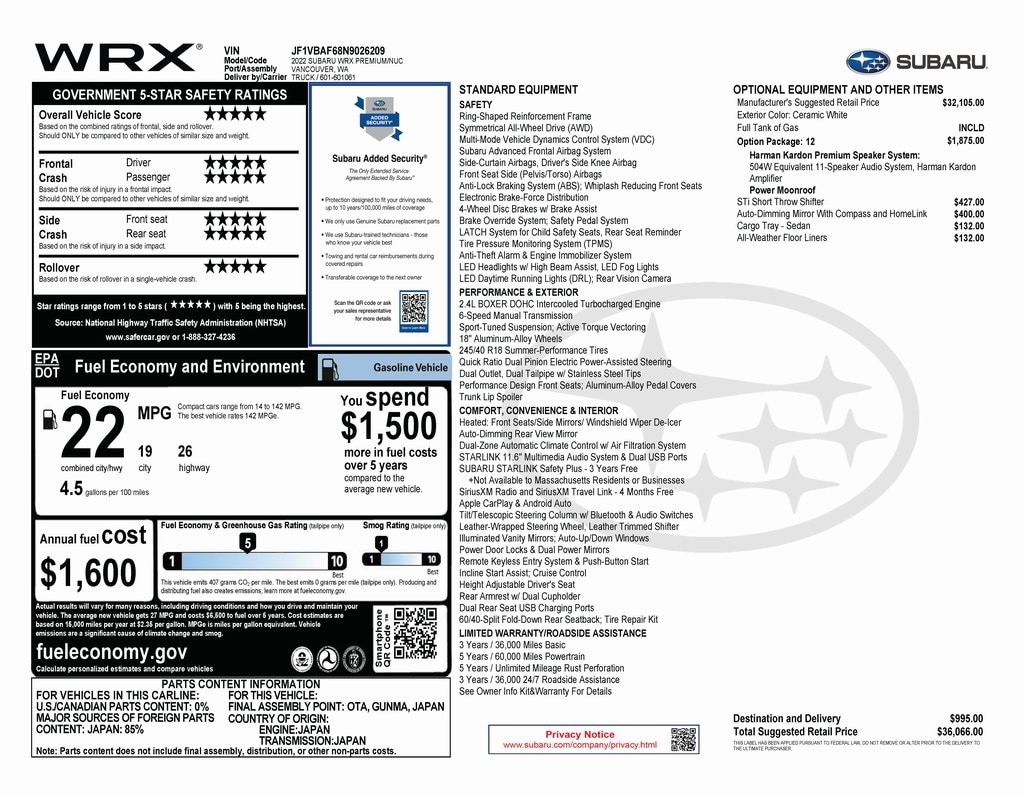 2022 Subaru WRX Premium 5