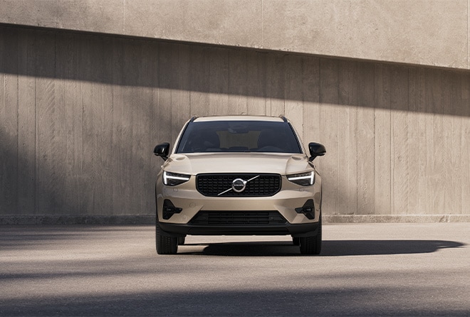 Front view of the 2026 Volvo XC40 showcasing its bold Scandinavian design and signature LED headlights.