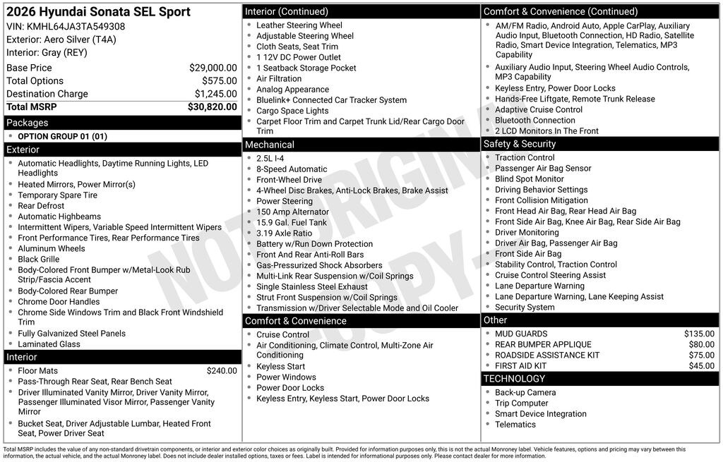 New 2026 Hyundai Sonata SEL Sport Sedan