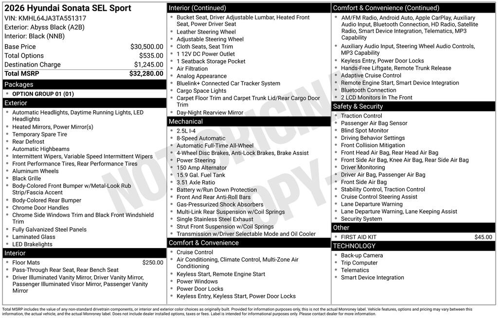 New 2026 Hyundai Sonata SEL Sport Sedan