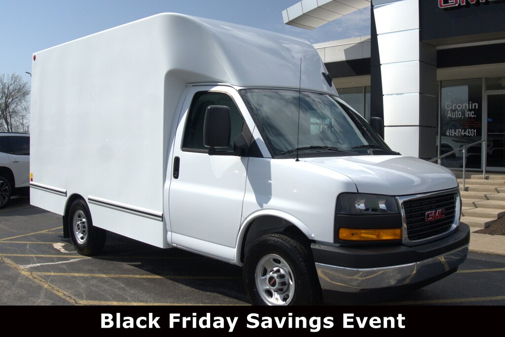 New 2025 GMC Savana Commercial Cutaway 3500 12 Unicell Box with Rear Narrow Barn Doors Van