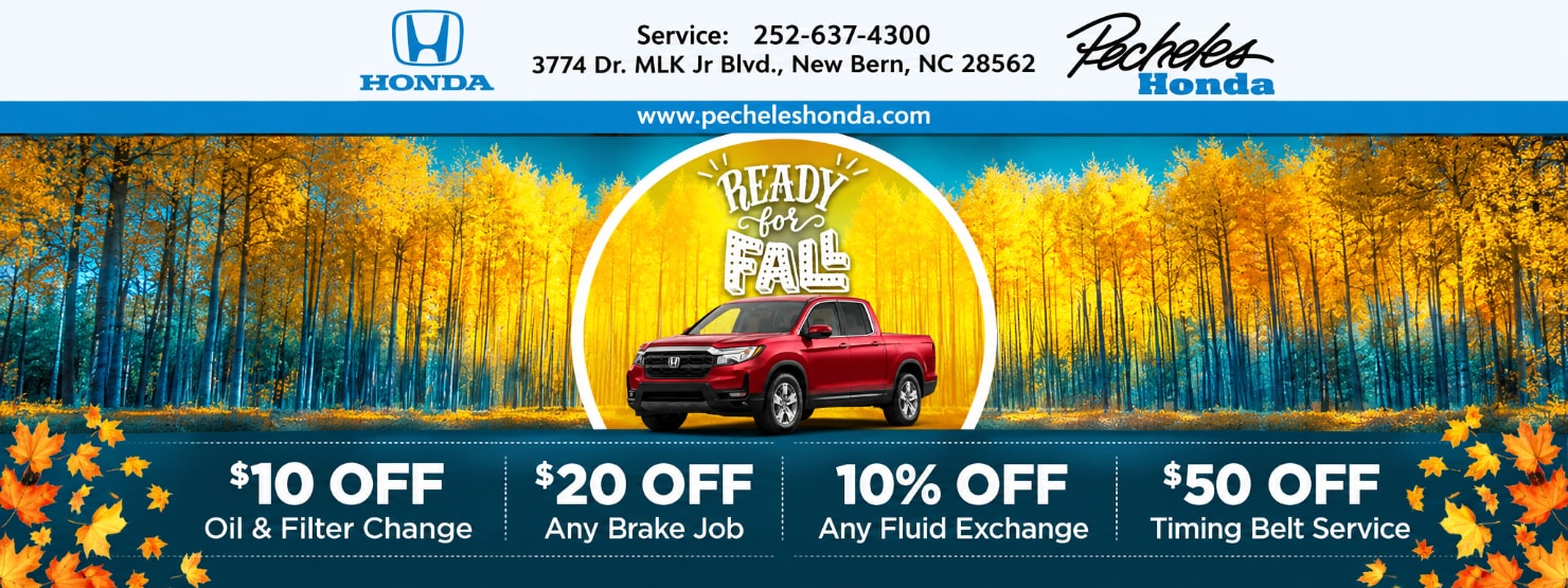 Pecheles Honda fall service banner featuring a red Honda pickup truck, autumn forest background, and seasonal service offers including discounts on oil and filter changes, brake jobs, fluid exchanges, and timing belt service.