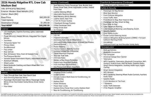 2026 Honda Ridgeline RTL - Photo 19