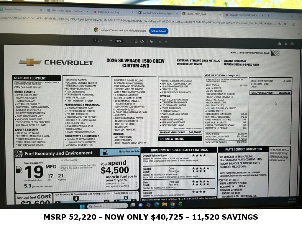 Used 2026 Chevrolet Silverado 1500 Custom Truck Crew Cab