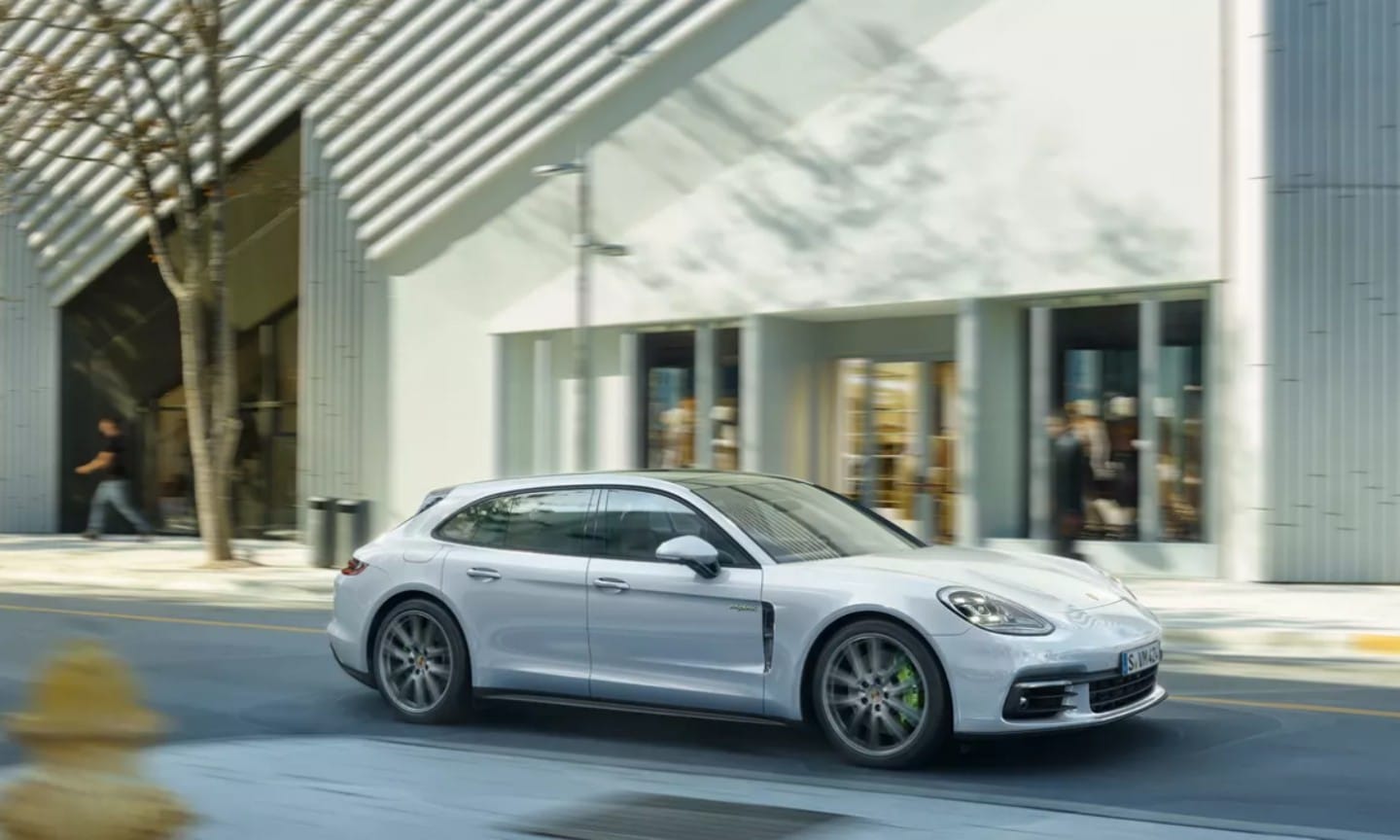 White Porsche Panamera on a city street