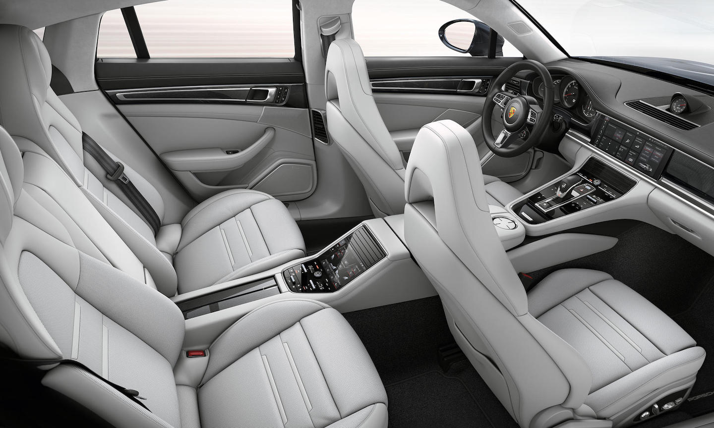 Porsche Panamera interior in light gray leather.