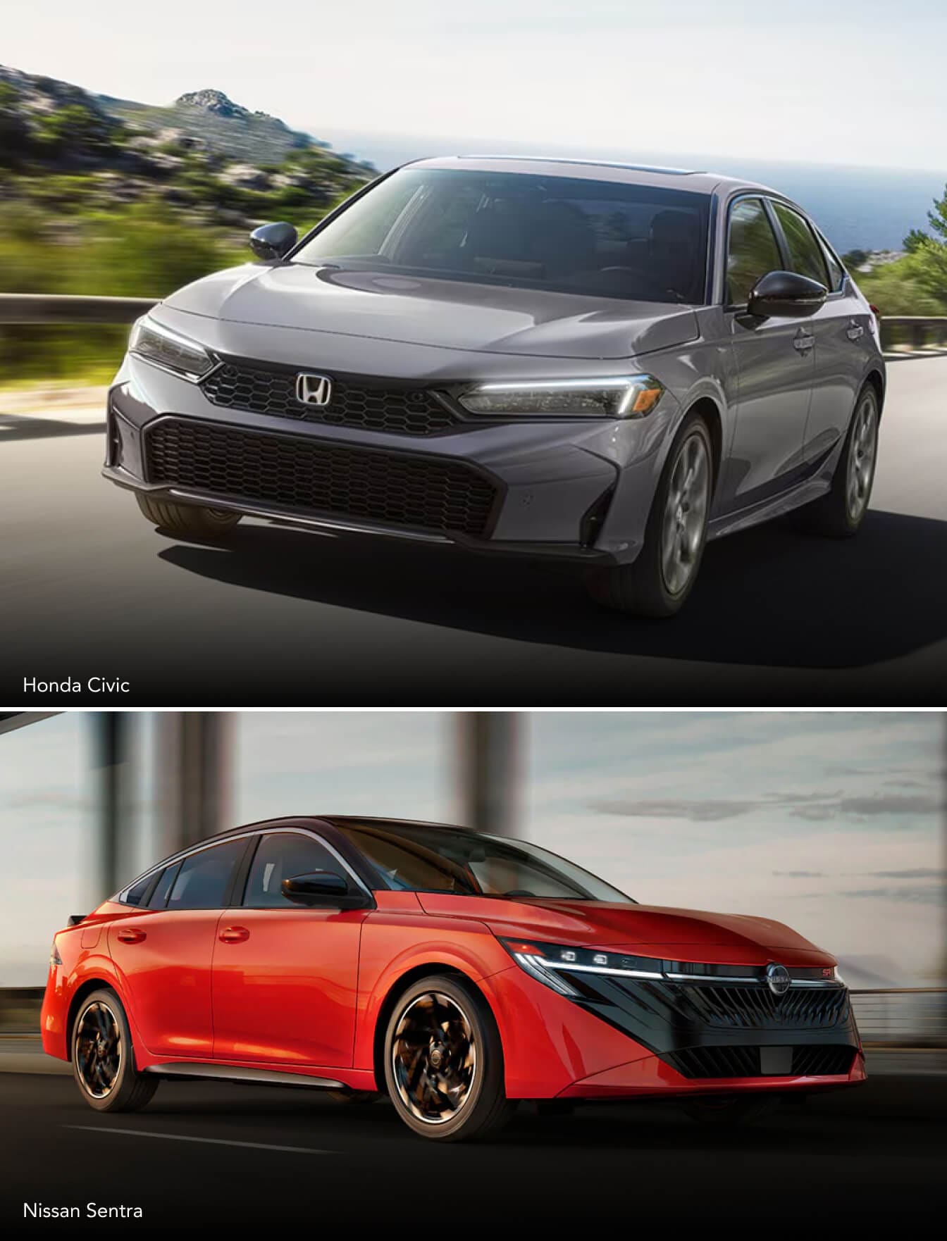 A gray Honda Civic speeds down a remote highway. A red Nissan Sentra drives on a city freeway.