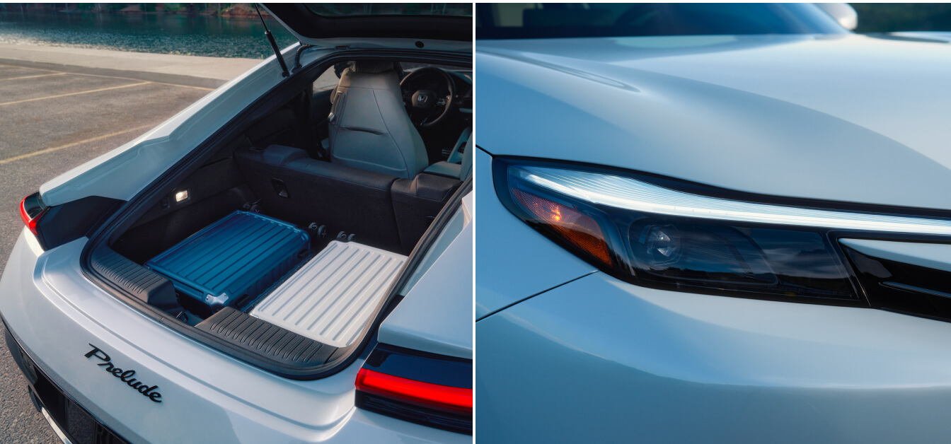 Split view of rear open trunk with luggage and close-up headlight detail of white Honda Prelude Hybrid.