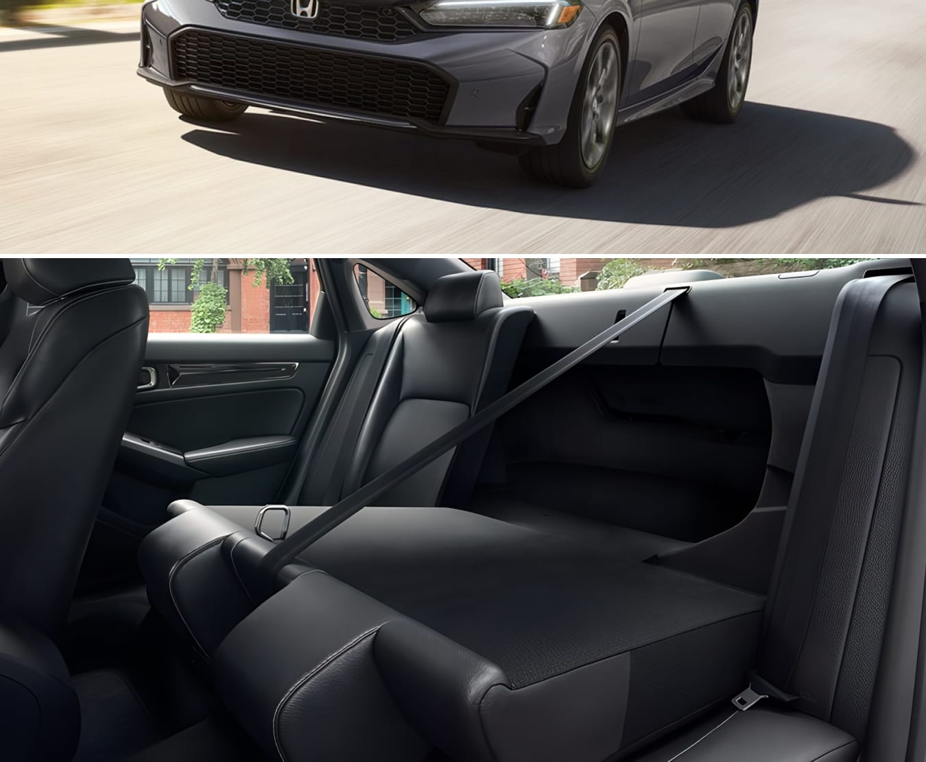 2026 Honda Civic Sedan Hybrid displays black leather interior with rear seat folded.