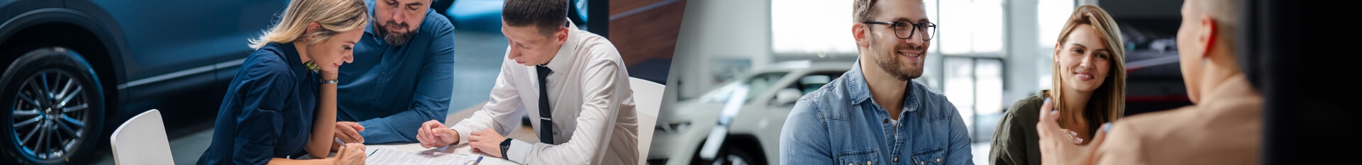 A collage of car dealership customers at desks with financing agents.