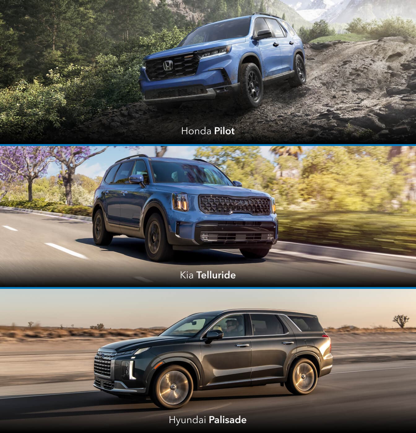 2025 Honda Pilot vs. 2025 Kia Telluride vs. 2025 Hyundai Palisade Performance and Specs