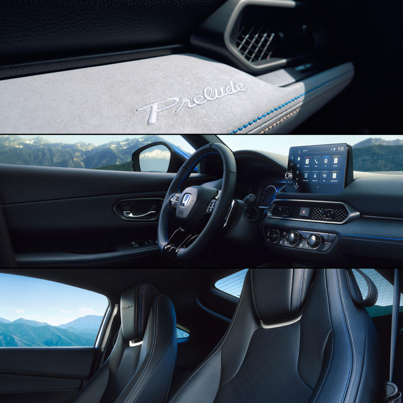 Collage of interior view of black Honda Prelude Hybrid dashboard, seats, and stitched trim.