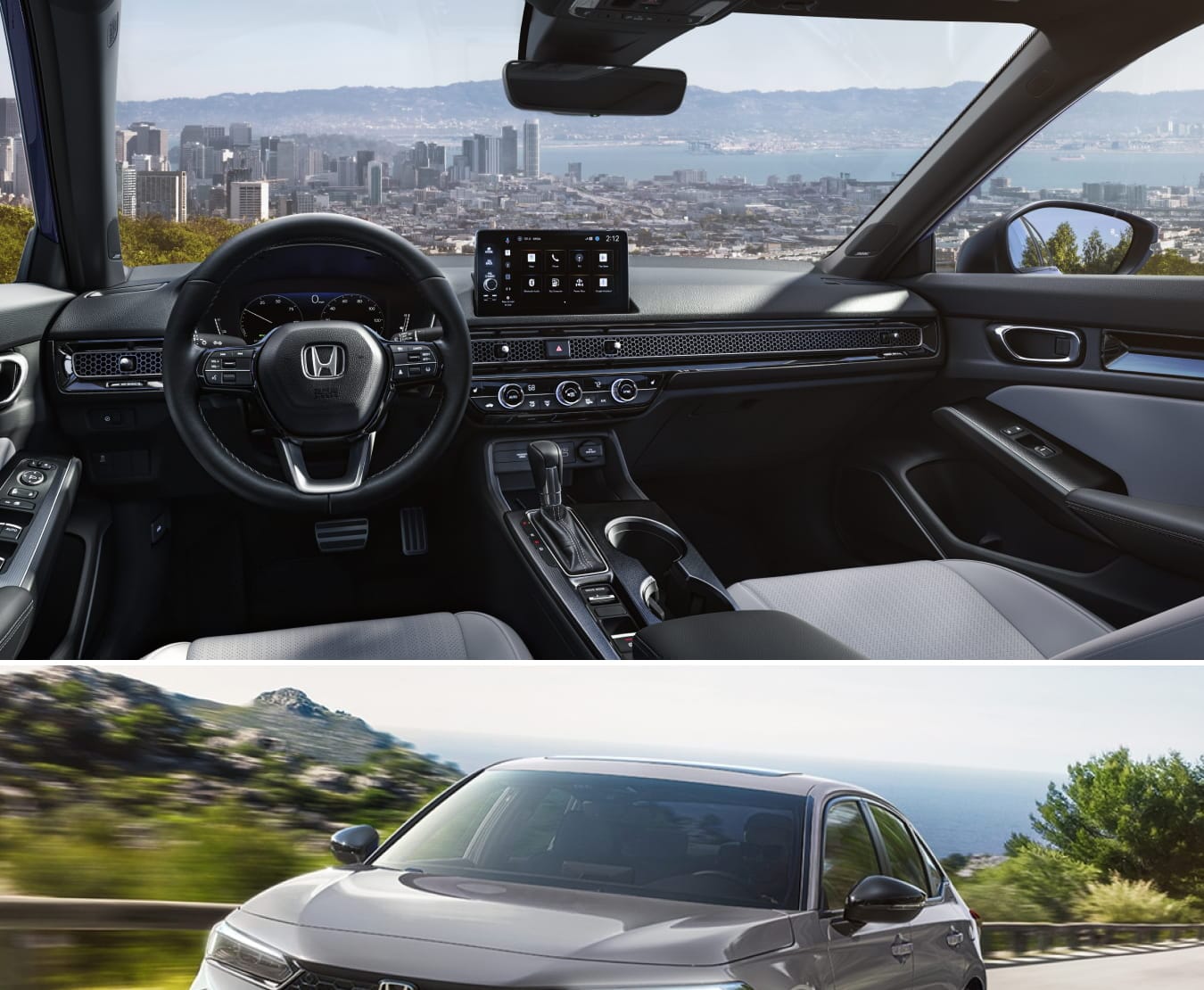 Interior of a 2026 Honda Civic Sedan Hybrid with a digital dashboard and cityscape view.