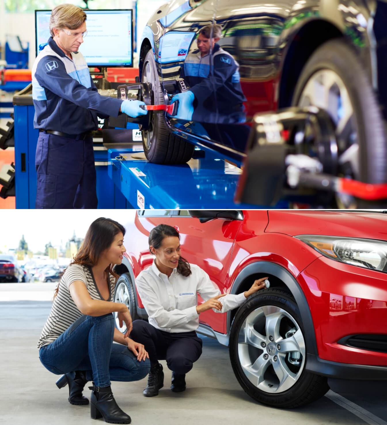 Top: Technician aligning wheel / Bottom: Technician exmplaining tire wear
